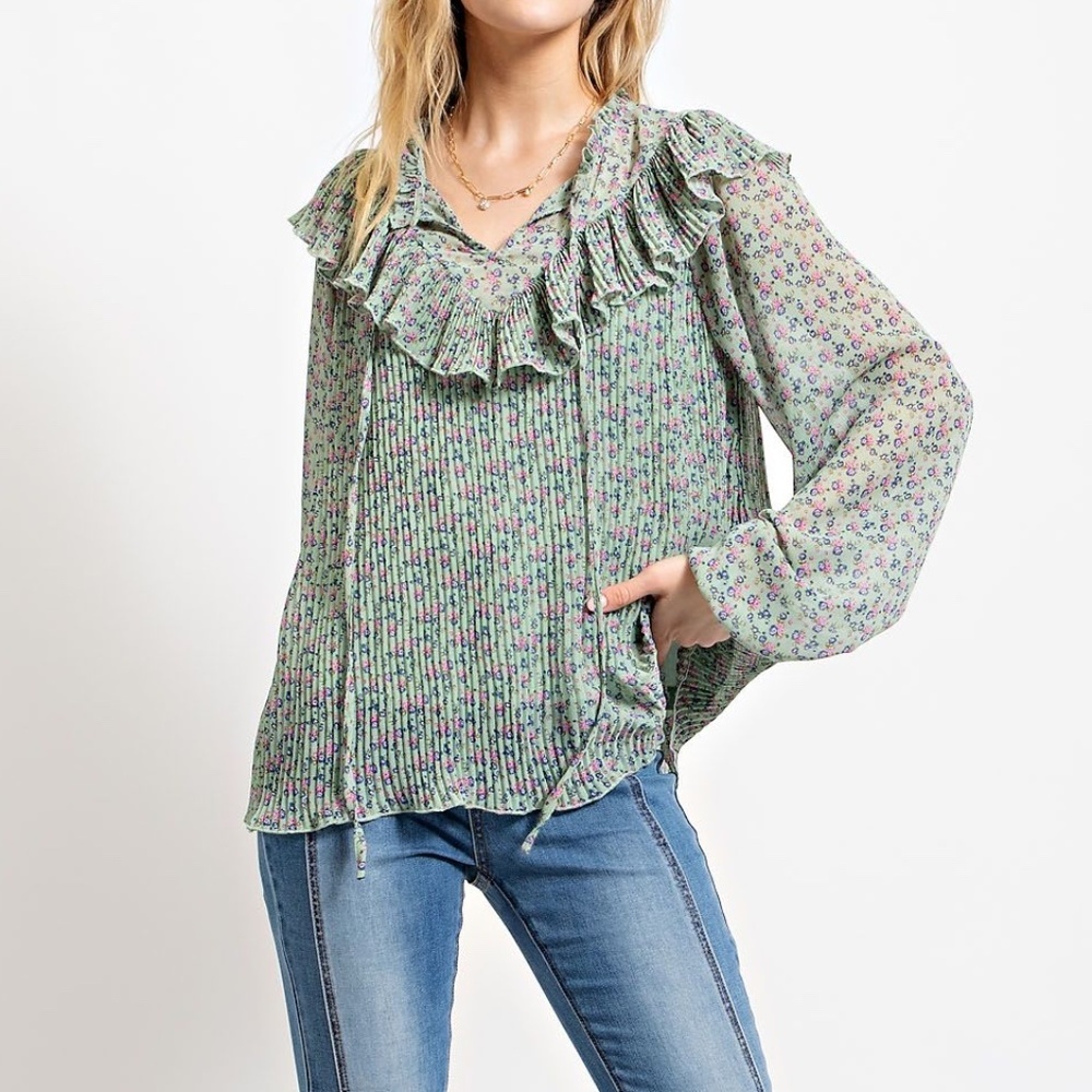 EASEL FLORAL PRINTED CHIFFON BLOUSE SAGE
